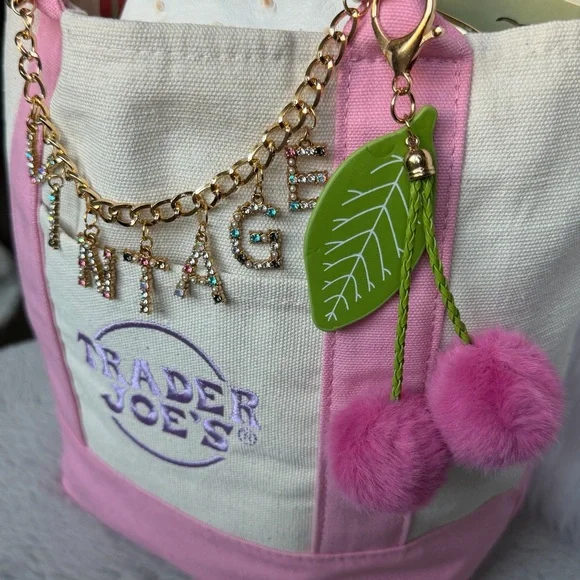 2026 Limited Edition Trader Joe’s Mini Pink Canvas Tote ‘VINTAGE’ & Cherry Charm - Picture 6 of 11